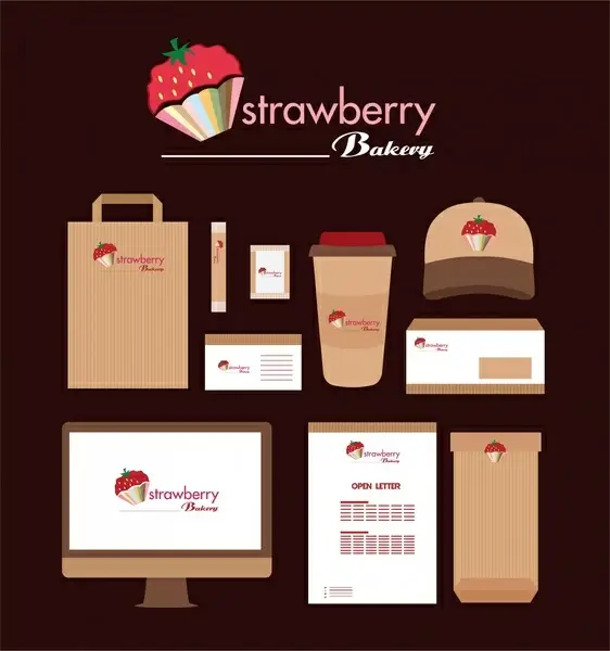 strawberry bakery identity various symbols on dark background
