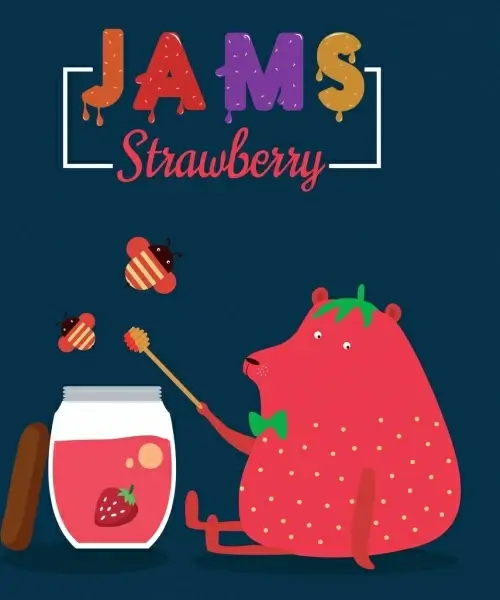 strawberry jam advertising bear honeybees icons colorful design