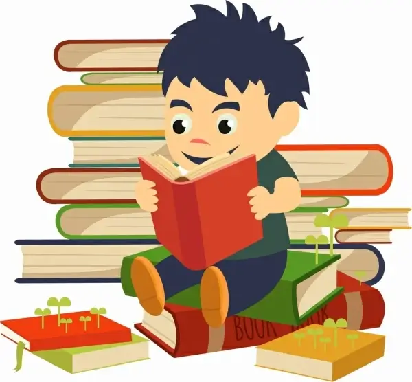 study background boy book stack icons multicolored cartoon