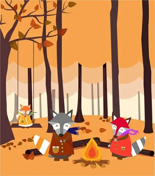 stylized fox family firing in leafless forest drawing