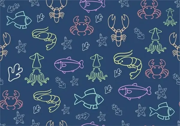 sub sea creatures pattern outline colorful repeating design