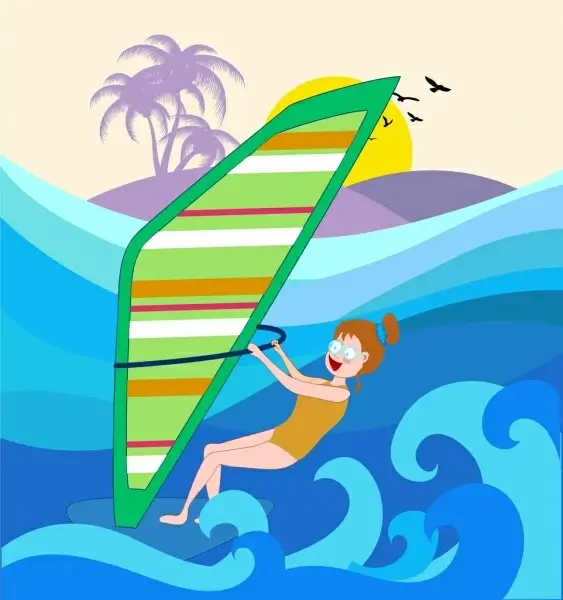 summer background joyful girl sail waves icons
