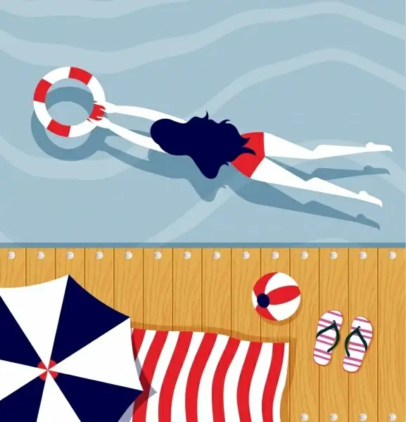 summer background swimming woman icons cartoon design