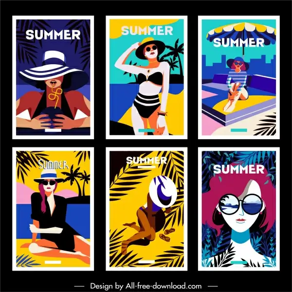 summer banner lady beach fashion sketch cartoon characters