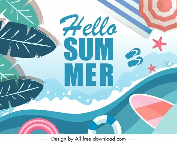 summer banner template flat colorful leaves sea elements