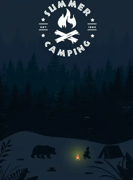summer camping background tent human bear night icons