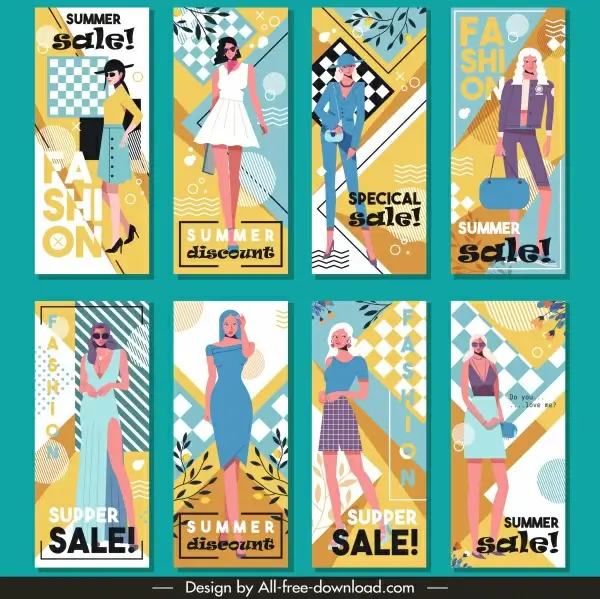 summer fashion sale flyers colorful design model sketch