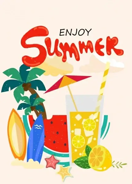 summer holiday poster cocktail fruit coconut umbrella icons