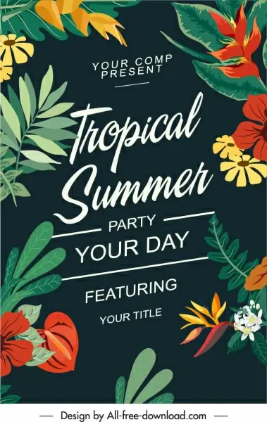 summer party banner tropical plants decor dark design