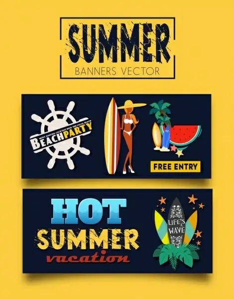 summer party banners bikini girl surfboard coconut icons 