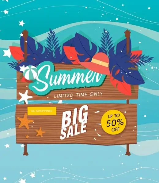 summer sale banner wooden signboard leaves icons decor