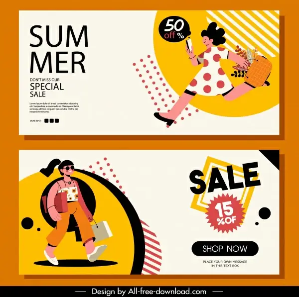 summer sale banners dynamic shoppers sketch cartoon design