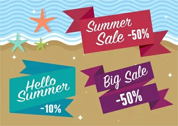 summer sales tags ribbon style on sea background