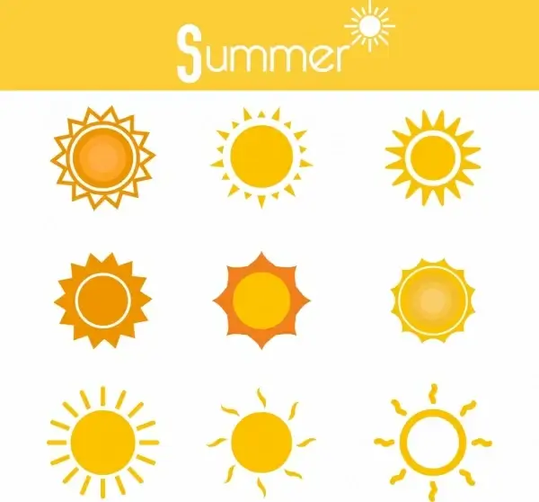 summer sun icons various yellow circles isolation