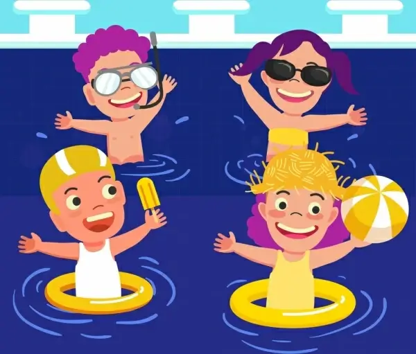 summer time background joyful kids swimming pool icons