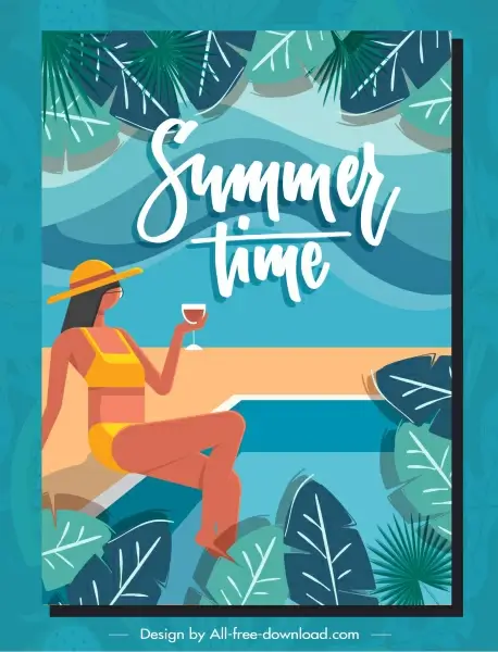 summer time banner bikini girl leaves sea sketch
