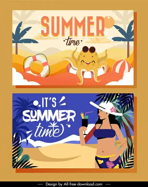 summer time banners beach elements sketch colorful classic