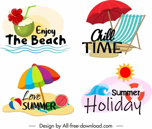 summer time logotypes colorful beach elements sketch