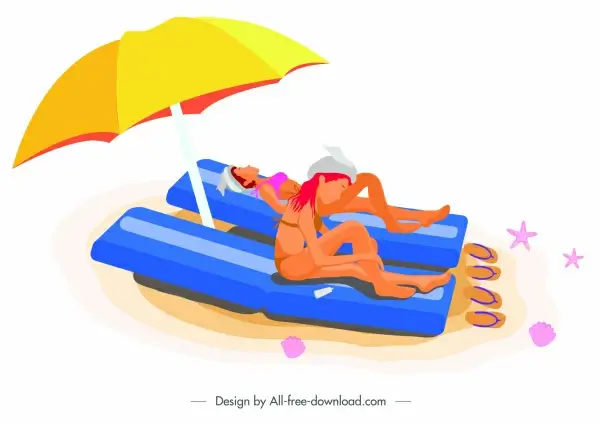 summer time painting sunbathing ladies sketch colored cartoon
