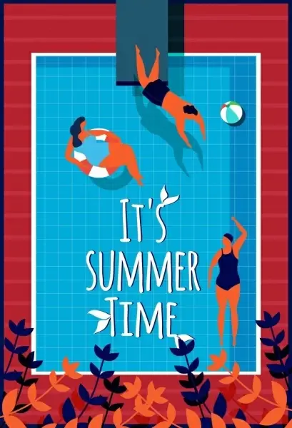summer time poster swimming pool playful people icons