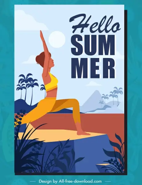 summer time poster template yoga woman sketch carcoon design