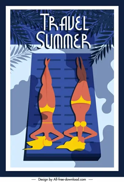 summer travel poster sunbathing women sketch classic design