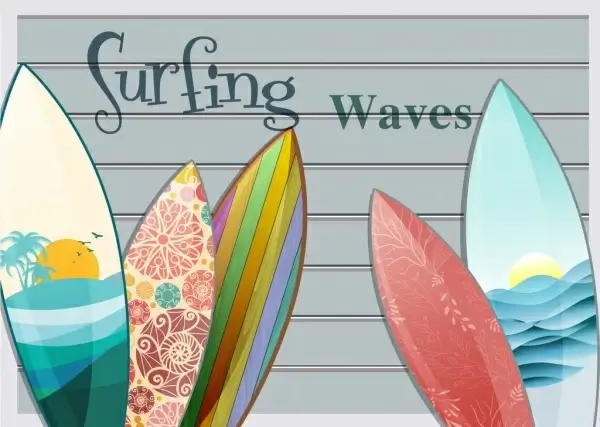 summer trip background colorful decorated surfboard icons