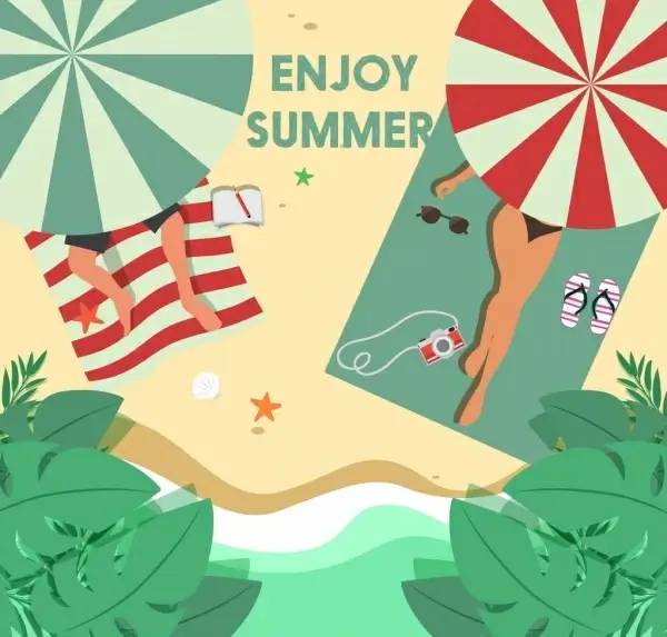 summer vacation background relaxed people seaside icons
