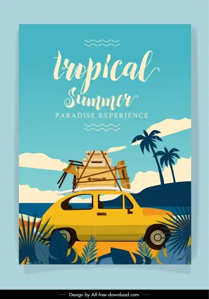 summer vacation banner retro car luggage sketch