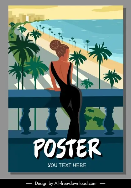 summer vacation poster sea scene attractive lady sketch