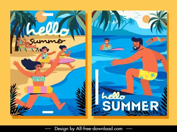 summer vacation posters beach activities sketch flat colorful