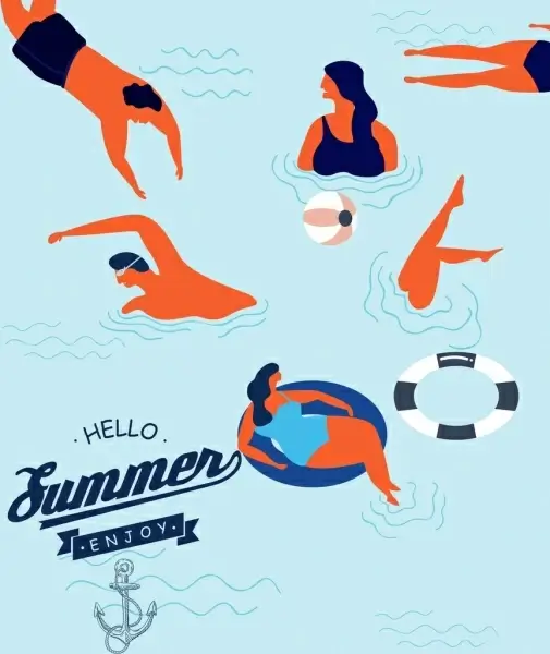 summertime banner swimming human icons colored cartoon
