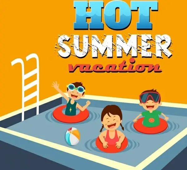 summertime banner swimming pool joyful kids icons