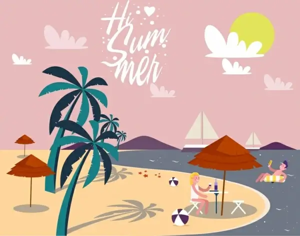 summertime banner tropical beach icon colored cartoon
