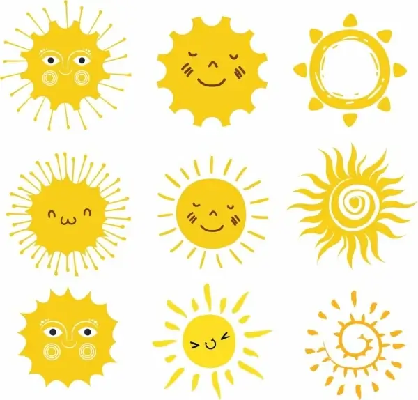 sun icons collection yellow circle decor stylized design 