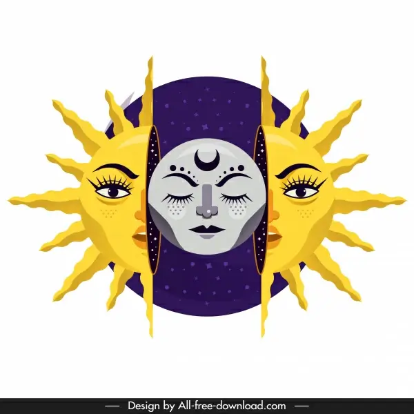 sun moon icon stylized design emotional faces decor