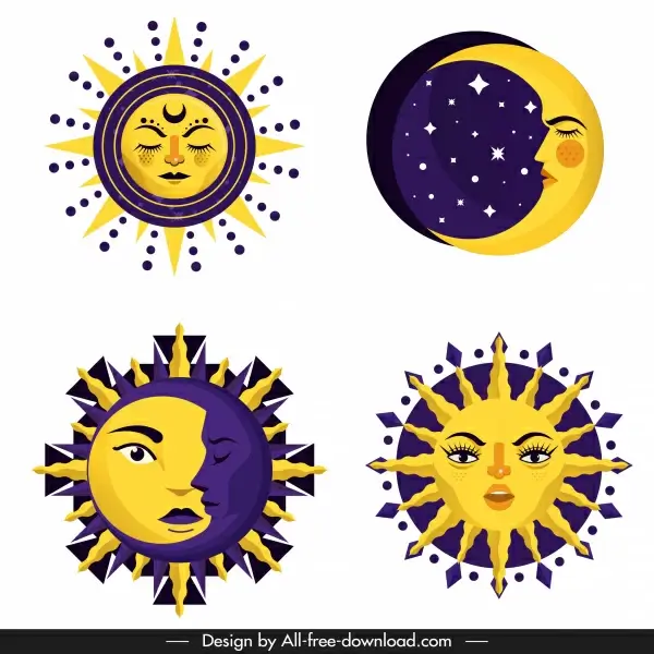 sun moon icons stylized facial sketch
