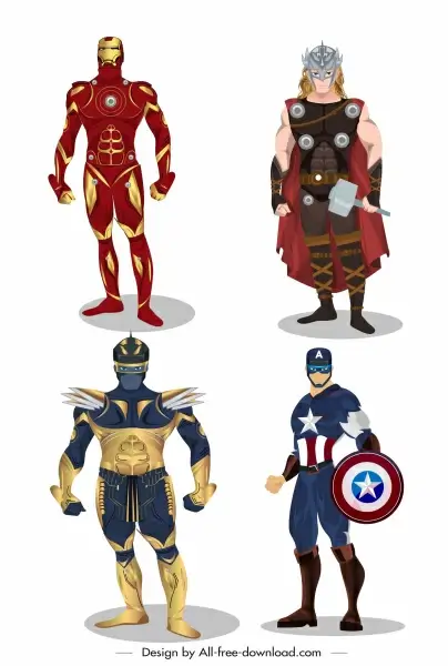 super hero icons colored cartoon characters sketch