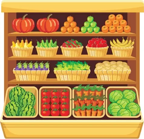 supermarket showcase and food vector set