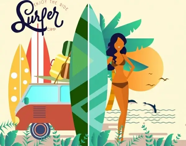 surfer camp advertisement bikini girl sea scene icons