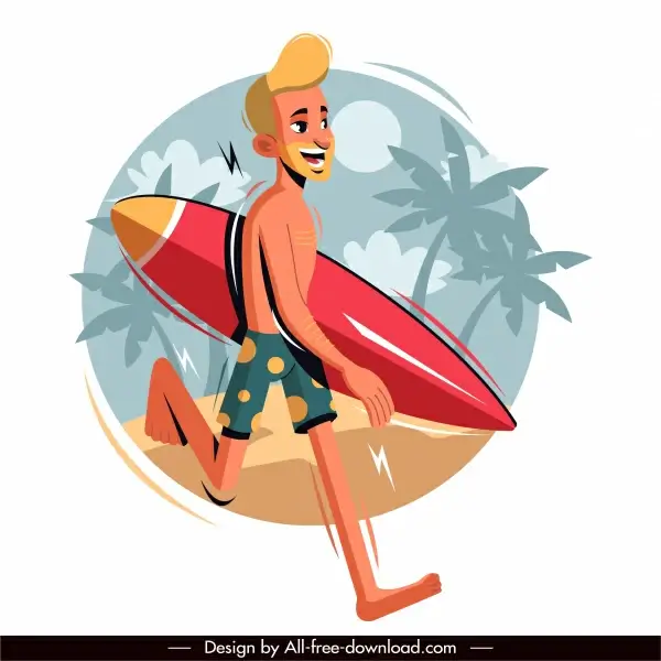 surfer icon colored cartoon character sketch