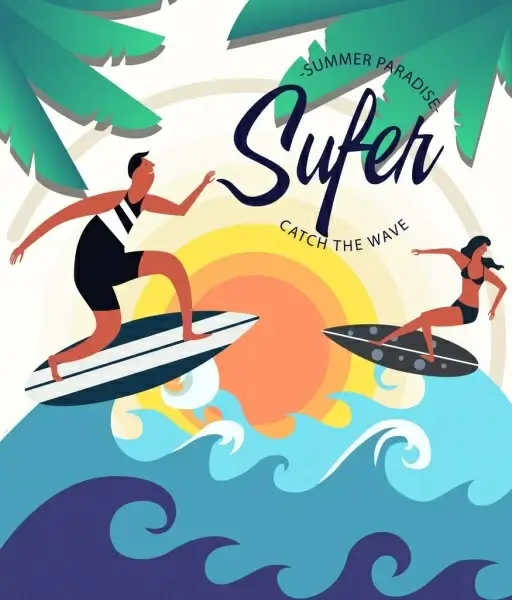 surfing club advertisement surfer waves coconut icons