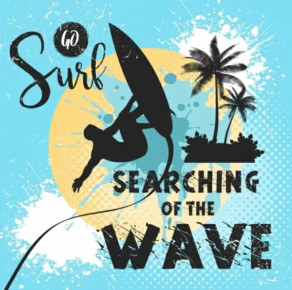 surfing vacation banner surfer icon silhouette grunge design