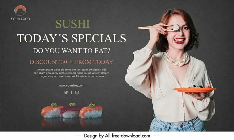 sushi banner template dynamic lady posing contrast design 