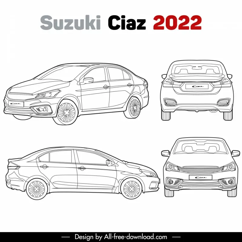 suzuki ciaz 2022 car models advertising template black white handdrawn different views sketch