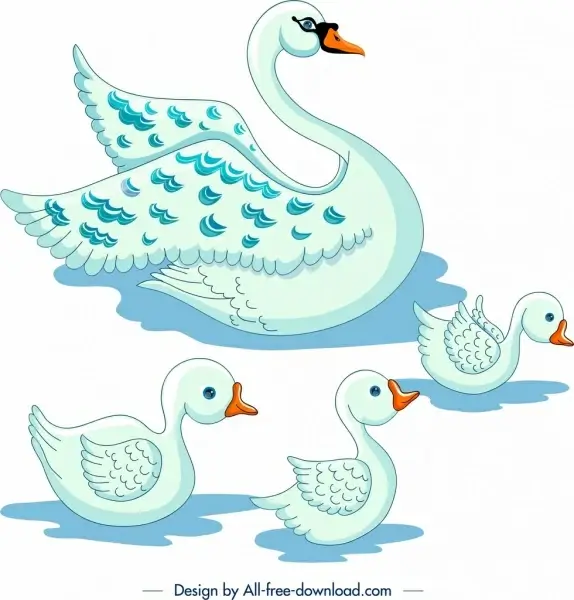 swans flock painting colored cartoon sketch