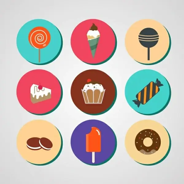 sweet food icons sets colored flat symbols isolation