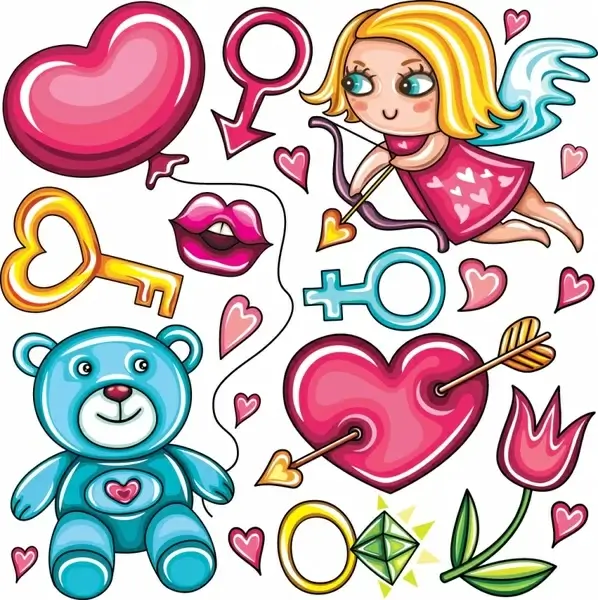valentines design elements colorful cute symbols sketch