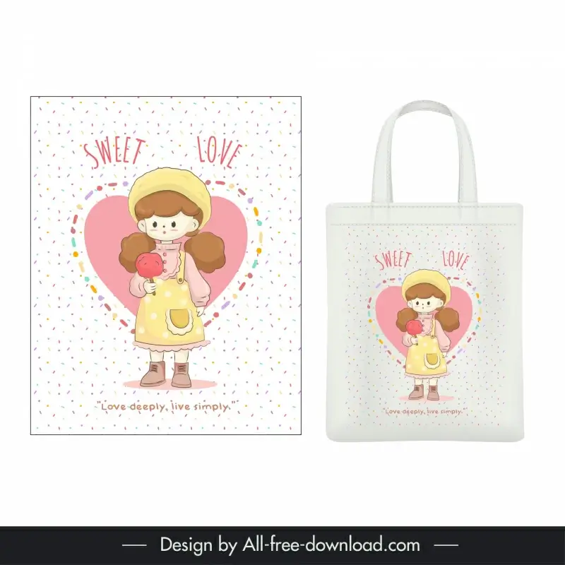 sweet love tote bag template cute cartoon girl 