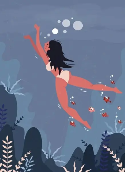 swimming background bikini woman fish icons colored cartoon